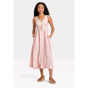 Women's XL Pink White Universal Threads Woven Button-Front Midi Sundress New NWT
